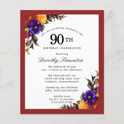 BUDGET Purple Burgundy Floral 90th Birthday Invite