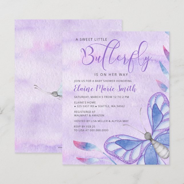 Budget  Purple Butterfly Baby Shower Invitation (Front/Back)
