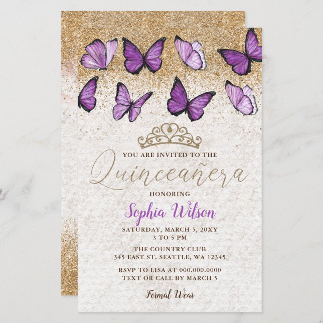 Budget Purple Butterfly Quinceañera Invitation (Front/Back)