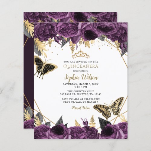 Budget Purple Butterfly Quinceaera Invitation