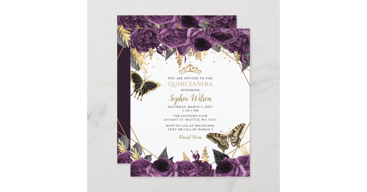 DIY Light Purple Gold Quince Scroll Invitations