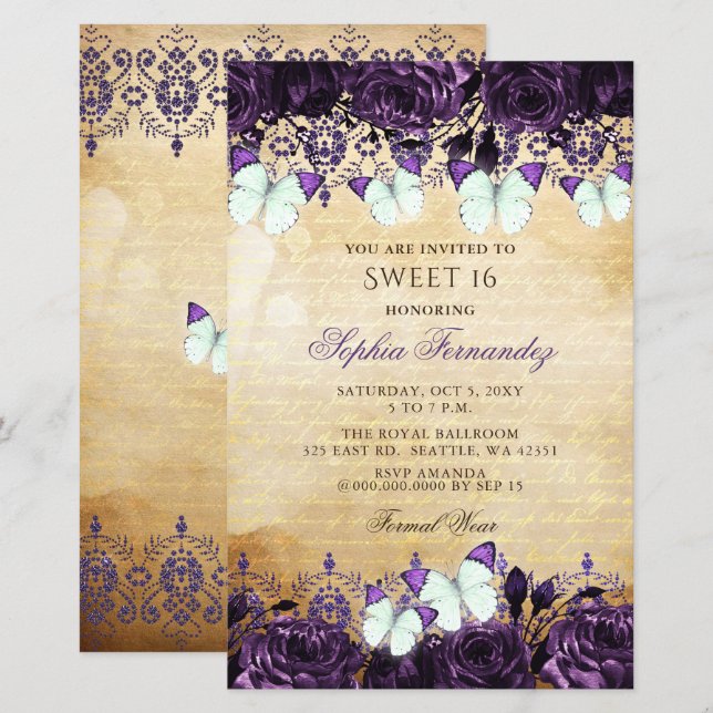 Budget Purple Butterfly Sweet 16 Invitation (Front/Back)