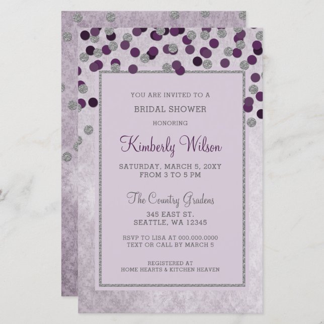 Budget Purple Confetti Bridal Shower Invitation (Front/Back)