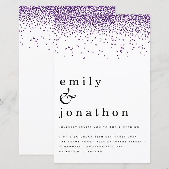 Budget Purple Confetti Glitter Wedding Invitation (Front/Back)