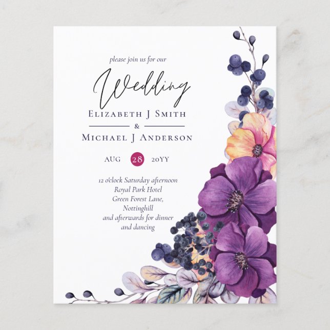 BUDGET Purple Dynasty Dark Floral Wedding Invites (Front)