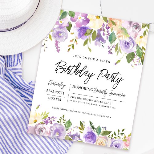Budget Purple Floral 100th Birthday Invitation