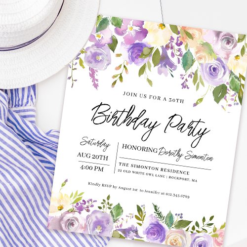 Budget Purple Floral 30th Birthday Invitation