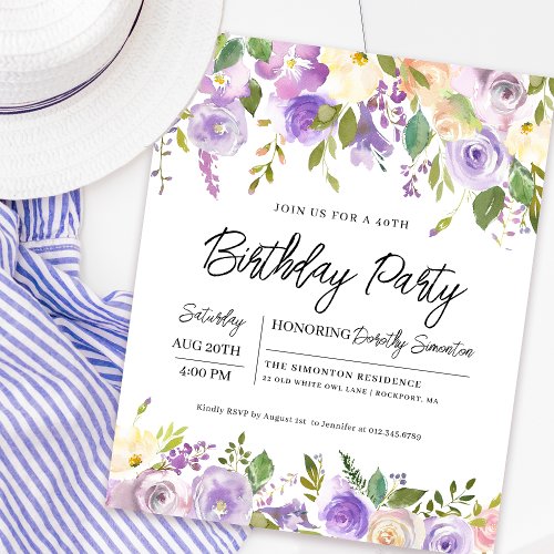 Budget Purple Floral 40th Birthday Invitation