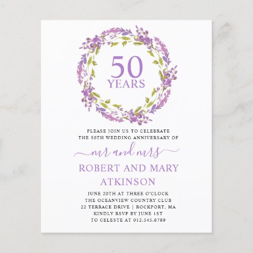 Budget Purple Floral 50th Anniversary Invitation