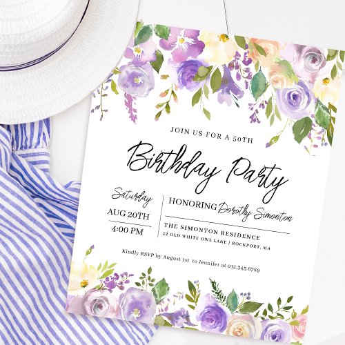 Budget Purple Floral 50th Birthday Invitation