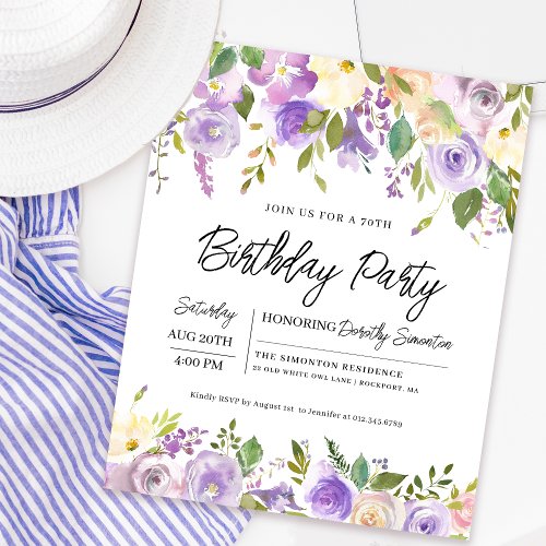 Budget Purple Floral 70th Birthday Invitation