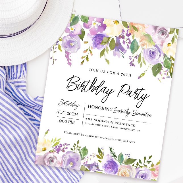 Budget Purple Floral 70th Birthday Invitation (Matching welcome signs and party supplies available. Message me for help to find them!)