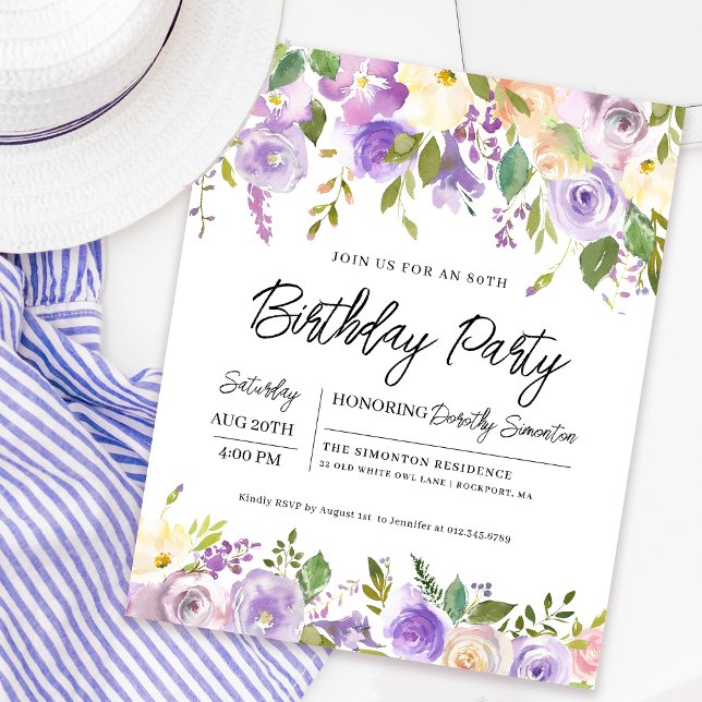 Budget Purple Floral 80th Birthday Invitation (Matching welcome signs and party decor are available. Message me for help finding them!)