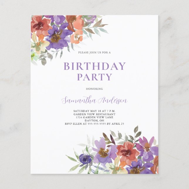 Budget Purple Floral Birthday Invitation Flyer (Front)