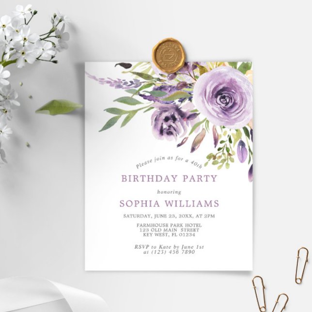 Budget Purple Floral Birthday Party Invitation (Creator Uploaded)