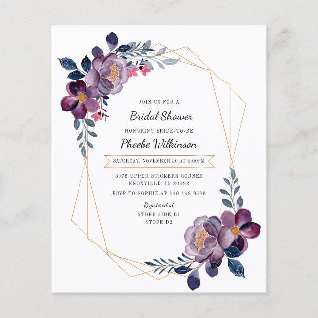 Budget Purple Floral Bridal Shower Invitation Flyer (Front)