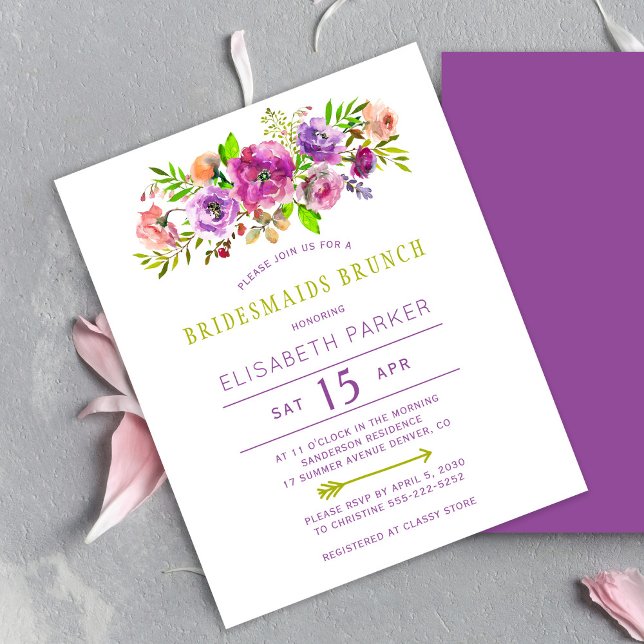 Budget purple floral bridesmaids brunch invitation (Creator Uploaded)