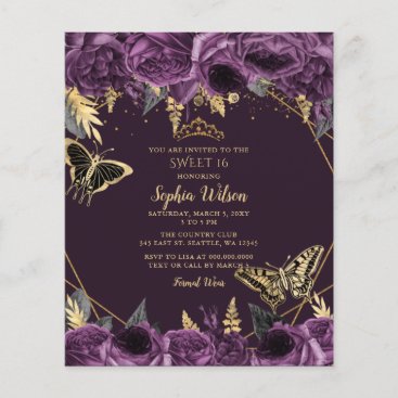 Budget Purple Floral Butterfly Sweet 16 Invitation