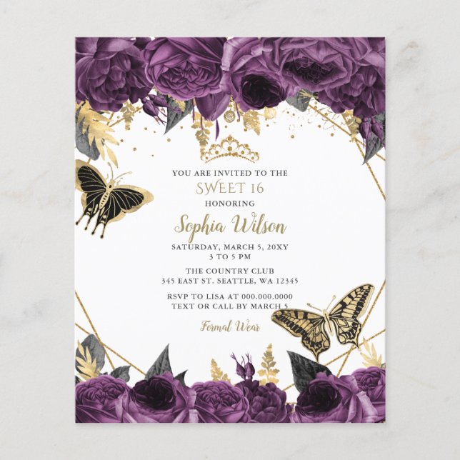 Budget Purple Floral Butterfly Sweet 16 Invitation (Front)