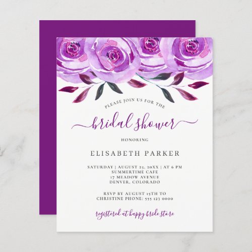 Budget purple floral chic bridal shower invitation
