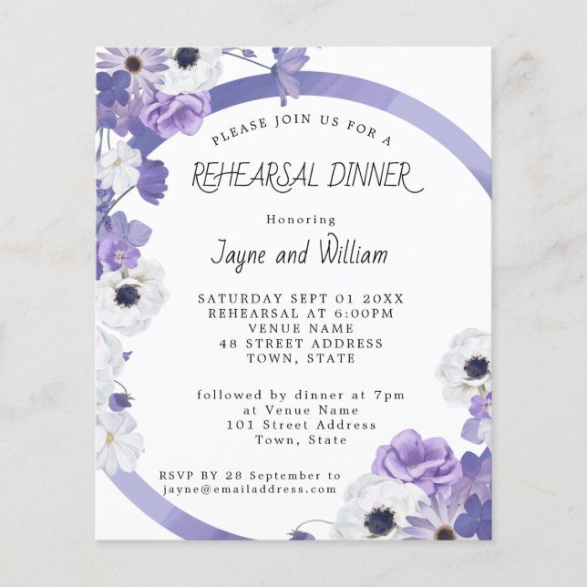 Budget Purple Floral Frame Rehearsal Invitation (Front)
