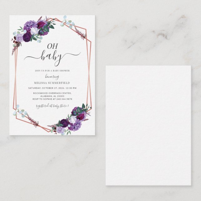 Budget Purple Floral Geometric Girl Baby Shower Note Card (Front/Back)