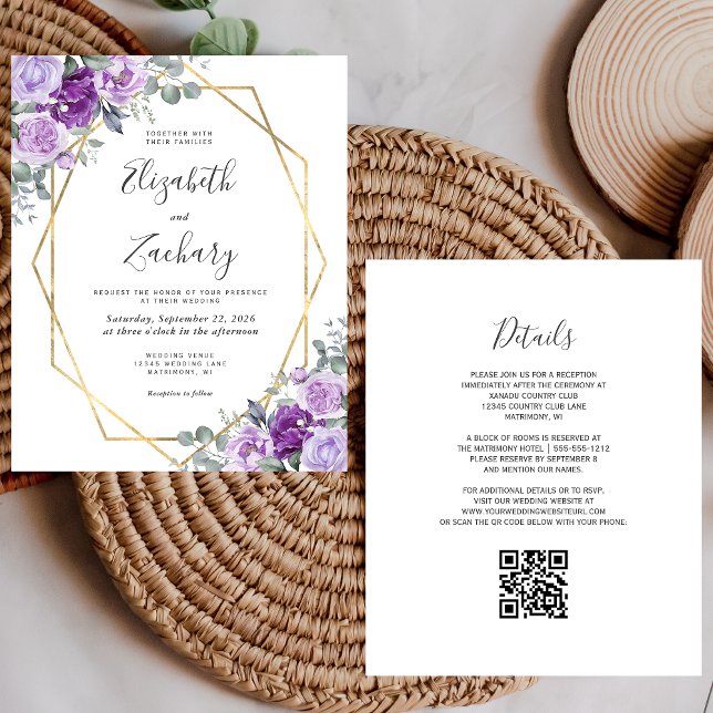 Budget Purple Floral Gold QR Code Wedding Invite (Creator Uploaded)