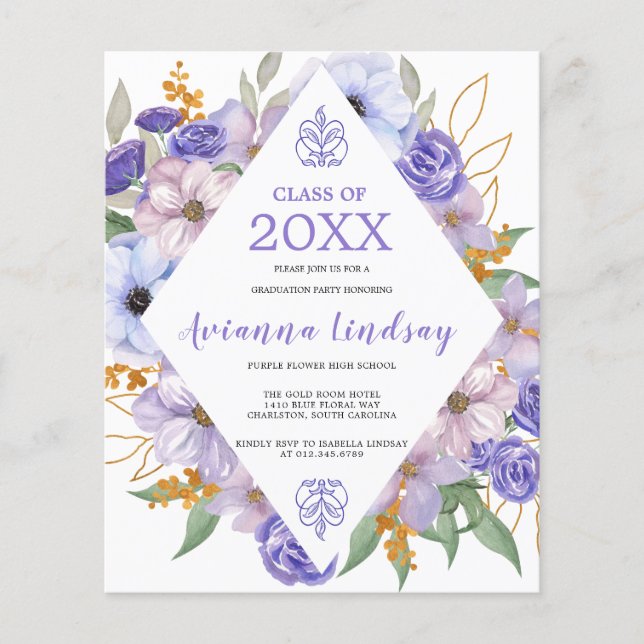 Budget Purple Floral Graduation Party Invitation (Front)