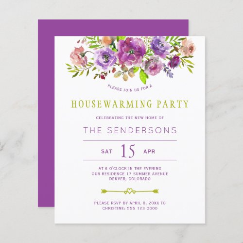 Budget purple floral housewarming party invitation