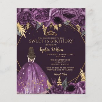 Budget Purple Floral Princess Sweet 16 Invitation by Invitationboutique at Zazzle