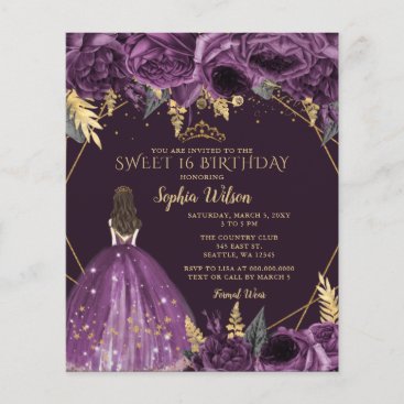 Budget Purple Floral Princess Sweet 16 Invitation