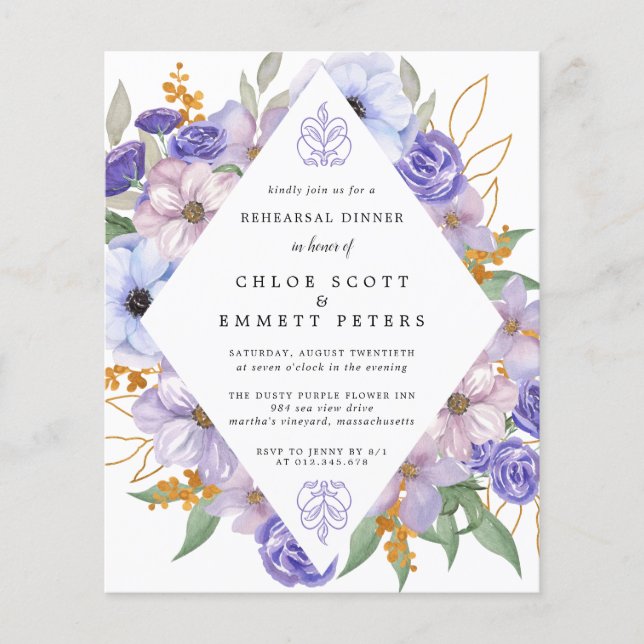 Budget Purple Floral Rehearsal Dinner Invitation (Front)