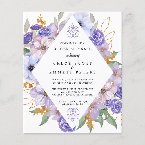 Budget Purple Floral Rehearsal Dinner Invitation