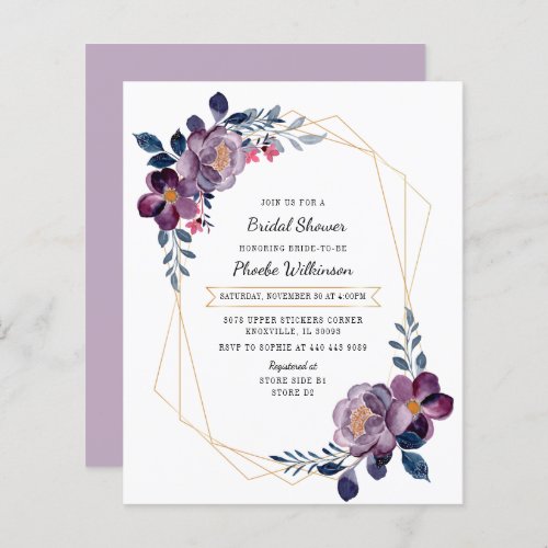 Budget Purple Floral Script Bridal Shower Invite