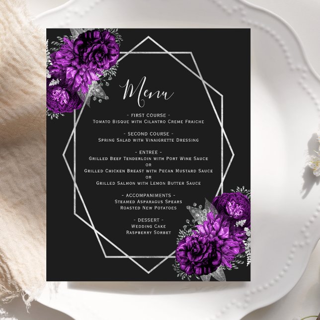 Budget Purple Floral Silver Geo Black Wedding Menu (Creator Uploaded)