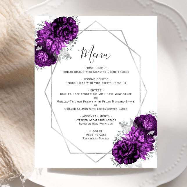 Budget Purple Floral Silver Geometric Wedding Menu (Creator Uploaded)