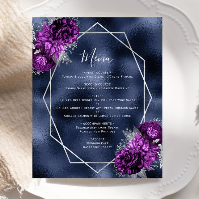 Budget Purple Floral Silver Navy Foil Wedding Menu (Creator Uploaded)