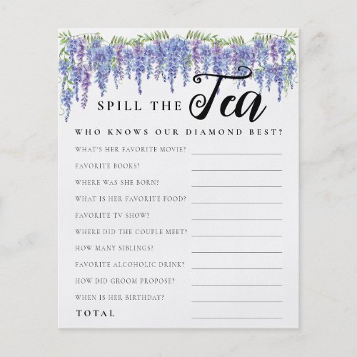 Budget Purple Floral Spill Tea Bridal Shower Game Flyer