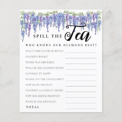 Budget Purple Floral Spill Tea Bridal Shower Game Flyer