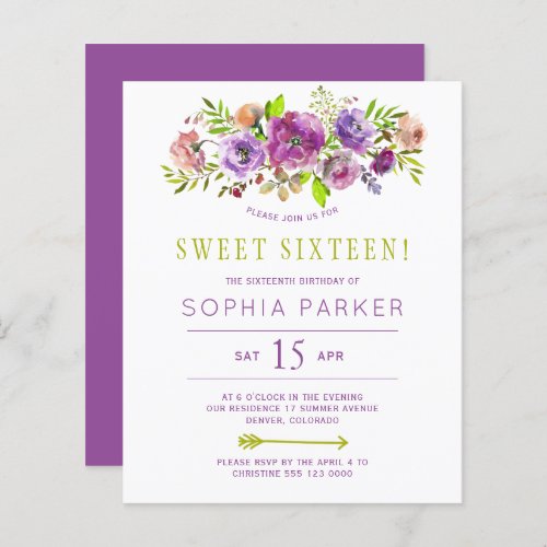 Budget purple floral Sweet 16 birthday invitation