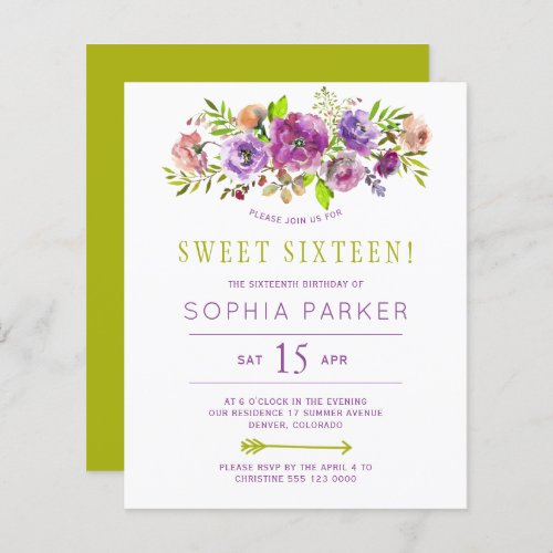 Budget purple floral Sweet 16 birthday invitation