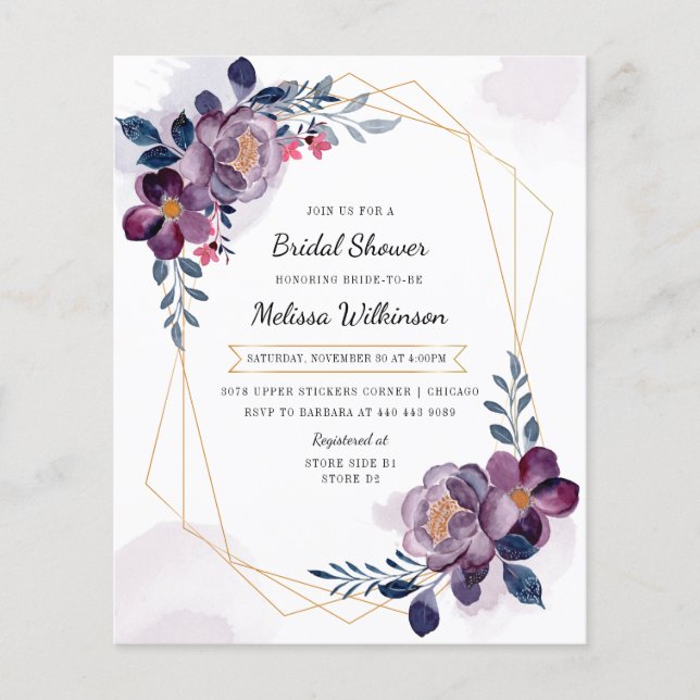 Budget Purple Floral Watercolor Bridal Shower Flyer (Front)