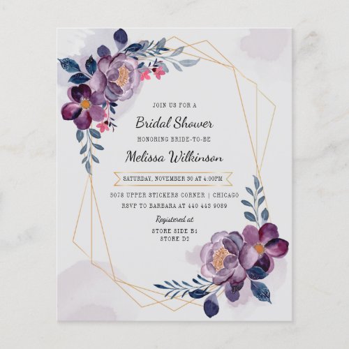 Budget Purple Floral Watercolor Bridal Shower Flyer