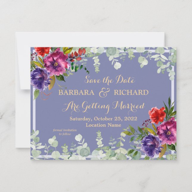 Budget Purple Floral Watercolor Save Date     Invitation (Front)