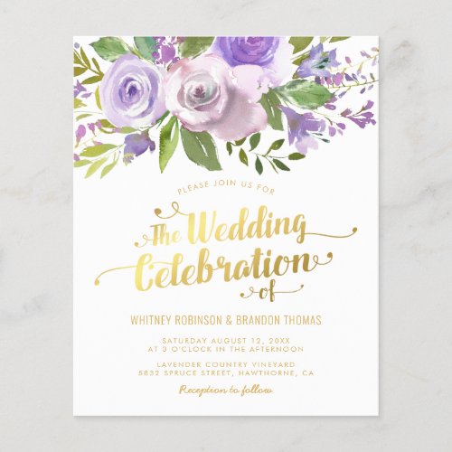 Budget Purple Floral Watercolor Wedding Invitation - Cheap budget wedding invitations featuring a simple white background, a purple watercolor floral display, a elegant faux gold foil typographic title and a modern wedding template.