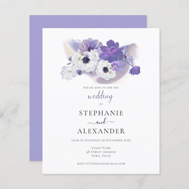 Budget Purple Floral Wedding Invitation (Front/Back)