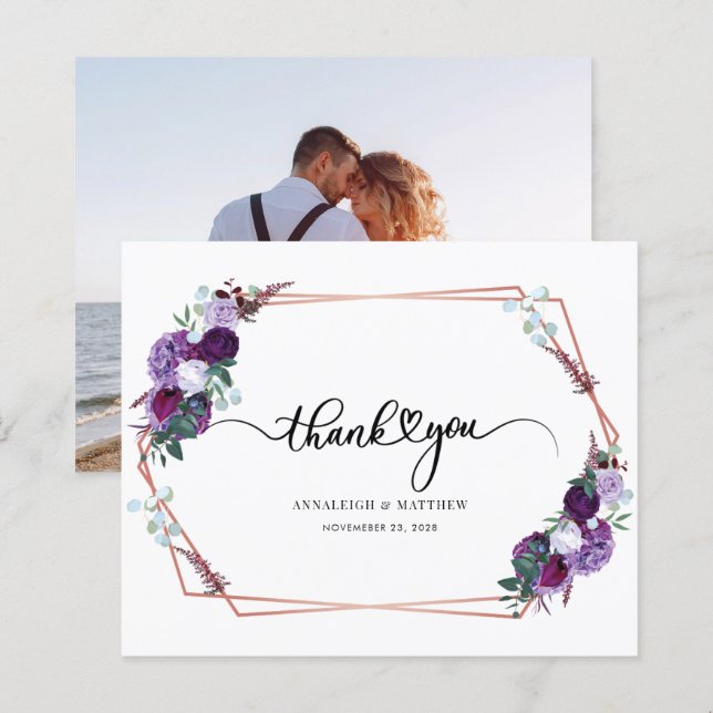 Budget Purple Floral Wedding Photo Thank You (Front/Back)