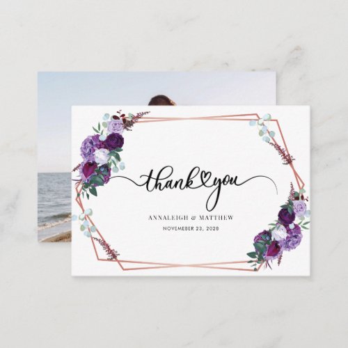 Budget Purple Floral Wedding Photo Thank You Note Card
