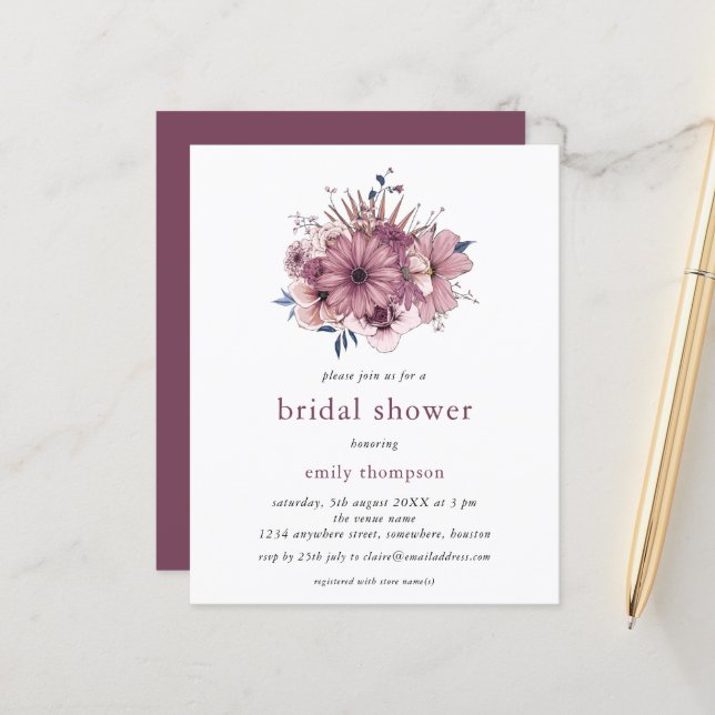 Budget Purple Florals Bridal Shower Invitation (Front/Back In Situ)