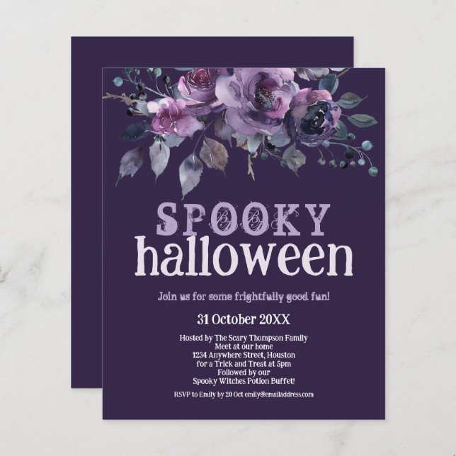 Budget Purple Florals Spooky Halloween Invitation (Front/Back)